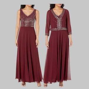 JKara Two Piece Beaded Bolero Jacket Maxi Dress Size 6P Cranaberry Holiday